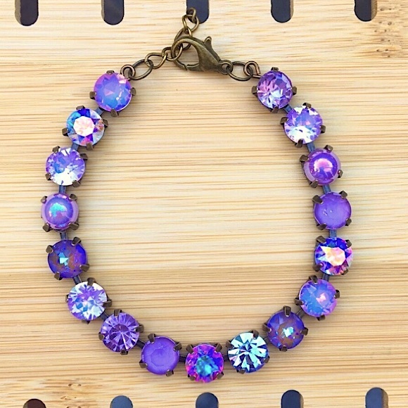 Amethyst, Violet, + iridescent Purple Opal Antique Brass Crystal Tennis Bracelet - Picture 7 of 17